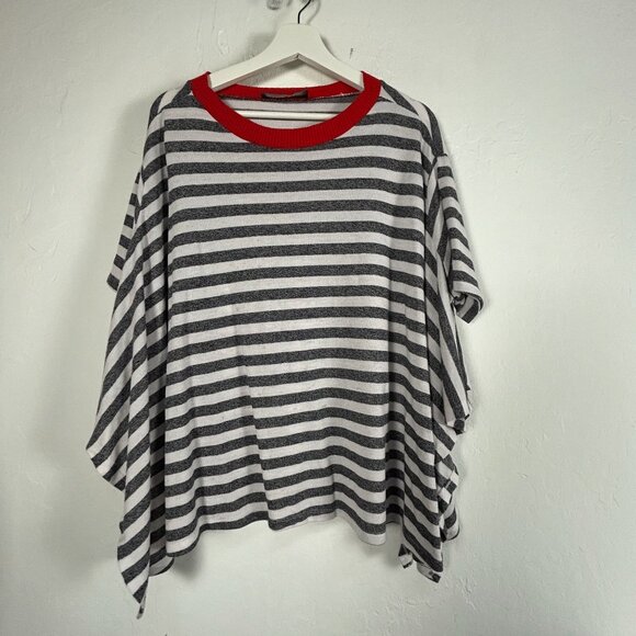 Ozai N Ku Womens Striped Poncho Top Size 2 Gray White Oversized Pullover Casual - Picture 1 of 8